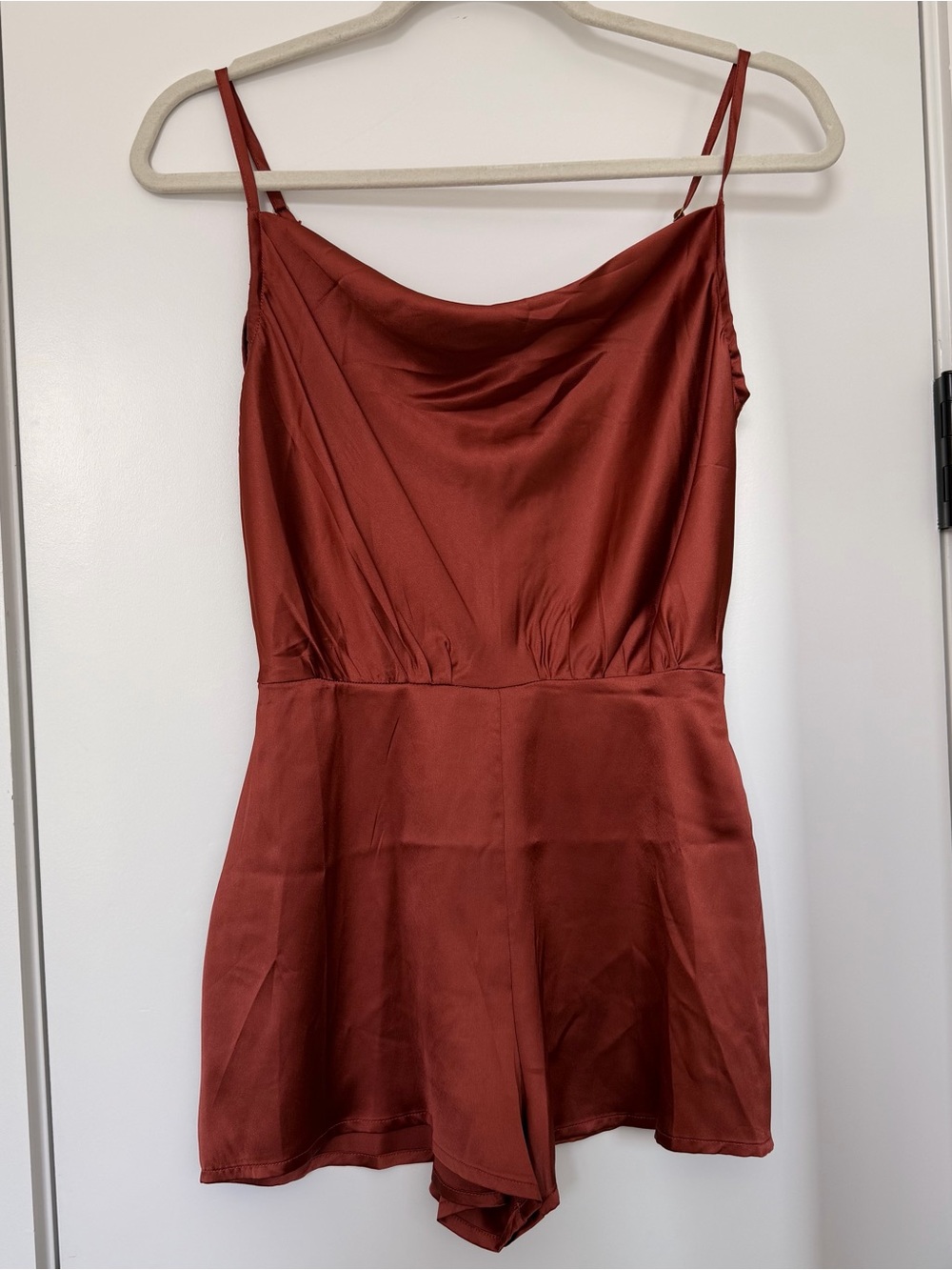 Guess Satin Cowl Neck Romper with Adjustable Straps in Rust